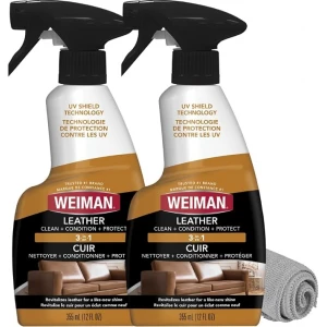 Weiman 3-in-1 Leather Cleaner, Conditioner & UVX Protector for Cars, Furniture, Auto Interior, Shoes, Purses & Handbags - 2 Pack with Microfiber Towel Included