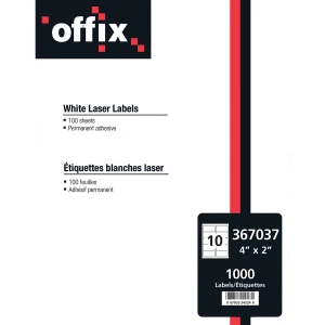 Offix Multipurpose Label - 4" Height x 2" Width - Permanent Adhesive - Rectangle - Laser, Inkjet - White - 1000/Box