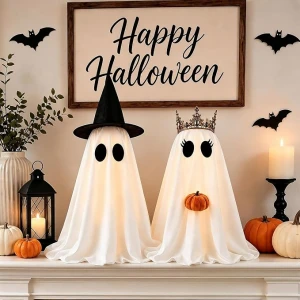 Halloween Ghosts Decorations Indoor, 2 Packs Light Up Ghosts with Pumpkin