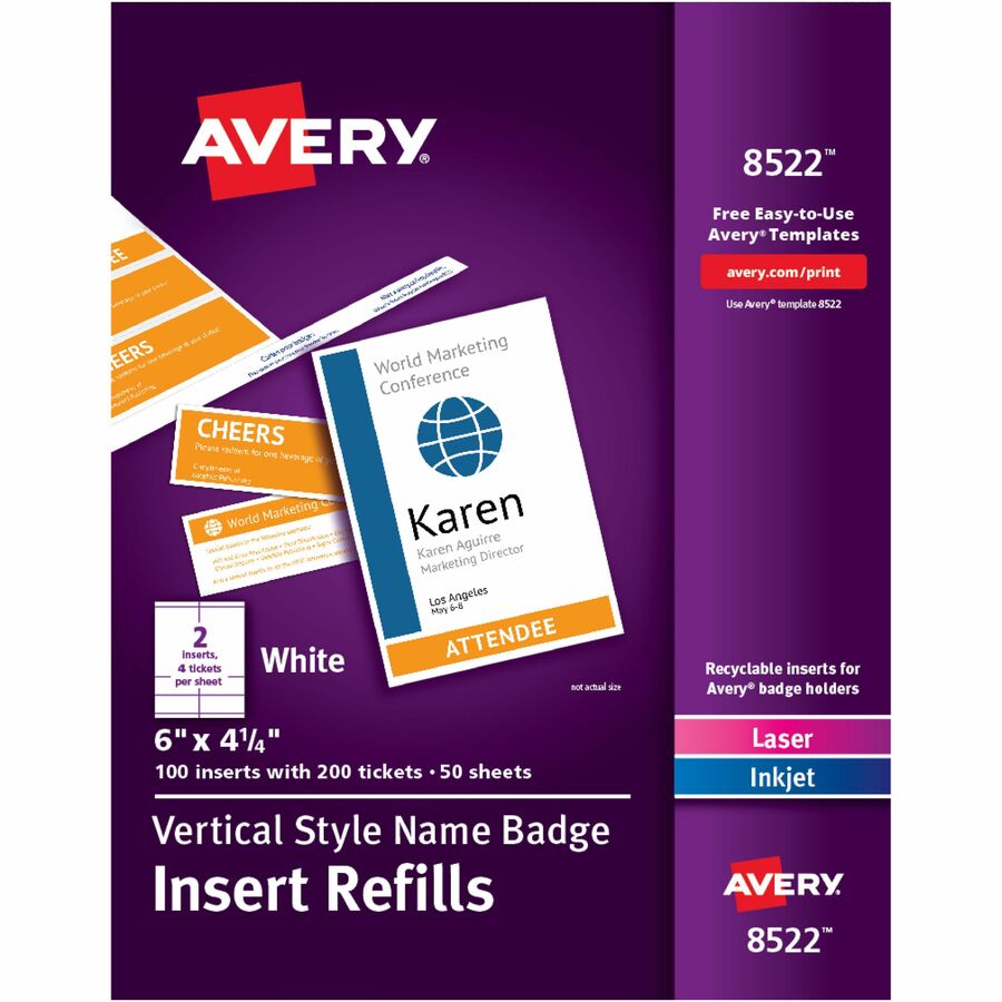 Avery® Vertical Name Badge and Ticket Inserts for Laser and Inkjet Printers - 100/Pack