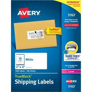 Avery® TrueBlock(R) Shipping Labels, Sure Feed(TM) Technology, Permanent Adhesive, 2'' x 4'' - 1000 Labels/box