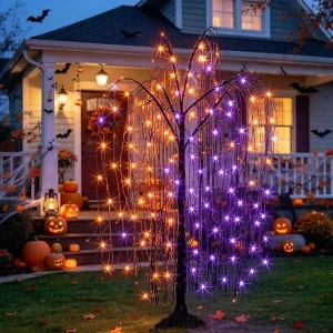 4 FT Black Halloween Tree with 180 Orange Purple Lights and Spider Web