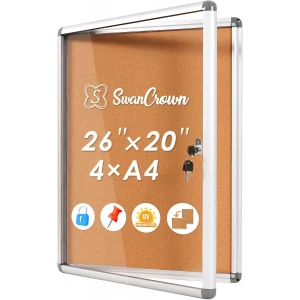 Enclosed Bulletin Board, Lockable Cork Board 26 x20 inches Frame