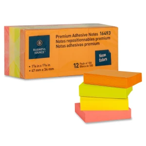 Business Source Rectangular Neon Repostionable Adhesive Notes - 1 1/2" x 2" - 12/Pack