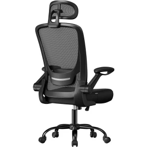 Office Chair, Mesh Swivel Chair, Ergonomic Lumbar and Head Support, Tilt Function, Wide Seat, Foldable Armrests - Each