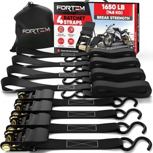 Ratchet Straps, 1650lb Break Strength, 4 15ft Black Tie Down Strap Set - 4/Box