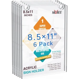 Acrylic Sign Holder Wall Mount with Mounting Screws - 8.5'' x 11'' Clear - 6/Pack