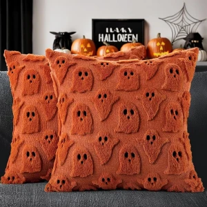 Fall Halloween Set of 2 Ghost Pillow Covers Brunt Orange 18x18 Inch