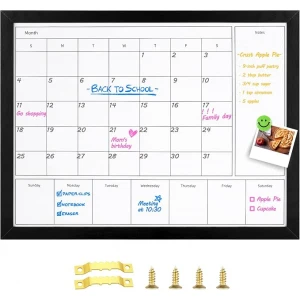 3-in-1 Dry Erase Calendar Magnetic Monthly & Weekly Calendar Whiteboard with Black Wood Frame