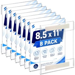 Acrylic Sign Holder 8.5 x 11 Wall Mount with Tape Adhesive with Side Loading - 8/Box