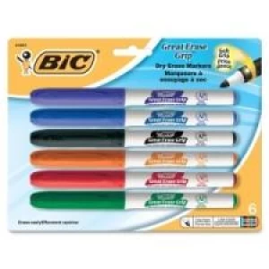 BIC Valleda Grip/Great Erase Whiteboard Marker - Fine Marker Point Type - Black Alcohol Based, Blue, Red, Green Ink - 6 / Pack