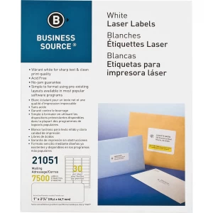 Business Source White Mailing Labels for Printers, 2-5/8'' x 1'', 7,500/Pack