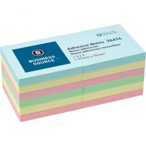 Business Source Plain Pastel Colors Adhesive Notes 3''x 3'' 12/Pack