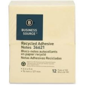 Business Source Recycled Adhesive Note - 3'' x 5'', Yellow, Self-Adhesive, 12 Pads/ Pack